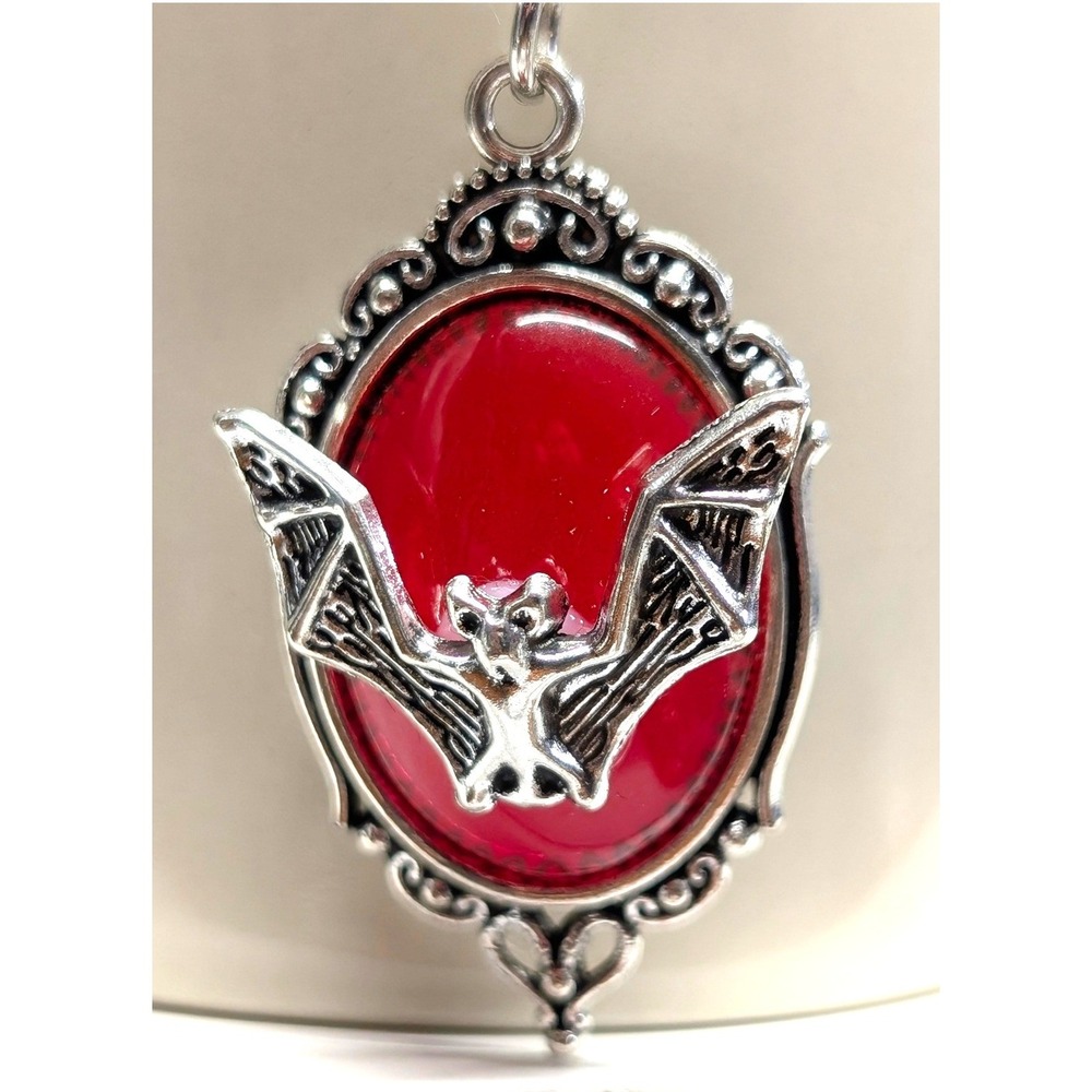 New Bat Pendant SilverTone Gothic Vampire Victorian Style Oval Red Cabochon Goth